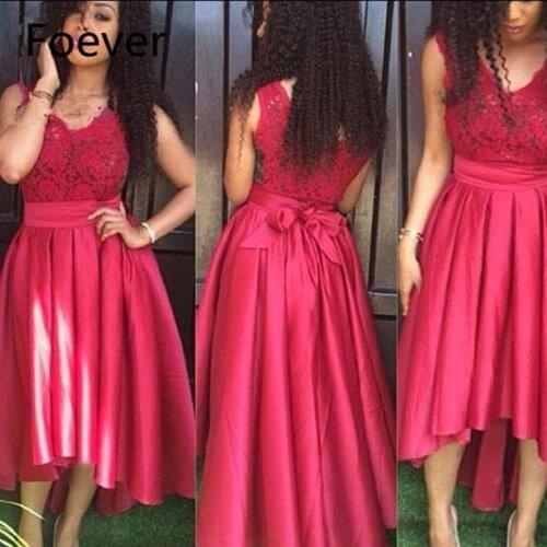 Elegant 2019 New V Neck High Low Bow Lace Red 2019 Plus-Size -Satin Pageant-Dresses Sheer Lace Appliques Formal Evening Gowns