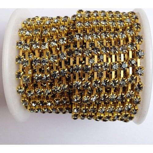 Crystal Rhinestones Chain10 yards/roll Black Diamond SS6 to SS38 Gold Base DIY Sew On Rhinestone Chain