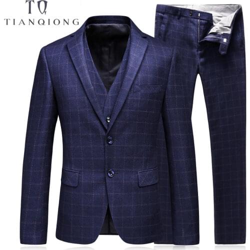TIAN QIONG Suit Men 2018 New Arrival 2 Buttons Slim Fit Plaid Suits for Men Luxury 3 Piece Mens Suits Wedding Groom Navy Blue