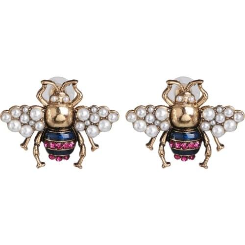 2020 New Arrival Bee Ear Studs Crystal Earrings Party Jewelry Accessories Cute Pearl Statement Insect Stud Earrings for Women