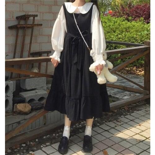 Japanese Harajuku Black Gray Blue Oversized Sleeveless Dress Cute Kawaii Ruffles Sashes Dresses Lolita Style Women Long Sundress