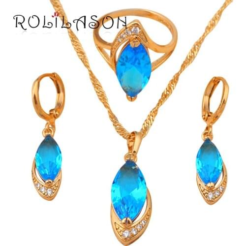 ROLILASON Navy blue sets Gold Tone Earring Necklace Ring Jewelry Set Austrian Zircon Crystal Ring Sz #8.5 #7.75 #6.5 JS514