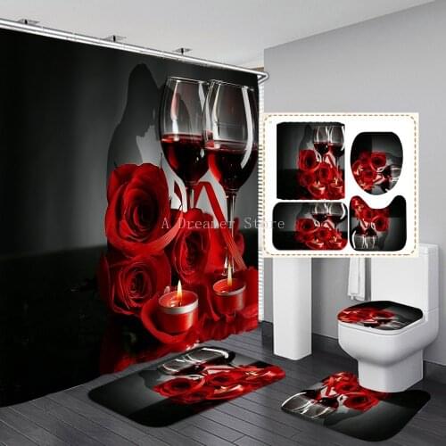Luxury Red Wine Rose Shower Curtain Waterproof Polyester Bathroom Curtain Cartoon Shower Curtain Set Bath Mat Rug And 12 Hooks