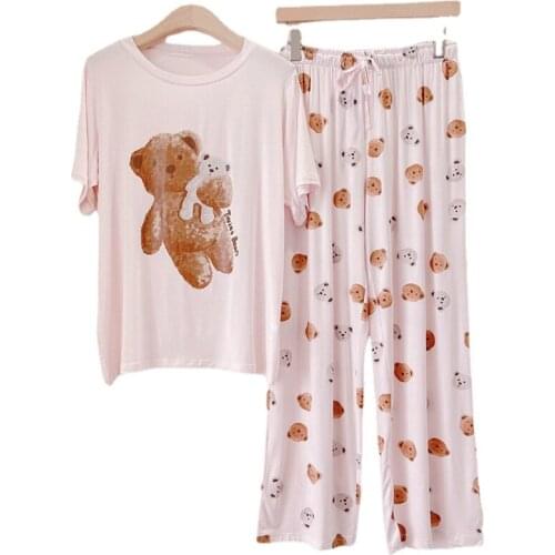 Bear Printed Women Pajama Sets for Spring and Summer Modal Thin Short-Sleeved Long Trousers Womens Cute Cartoon Homewear Suit