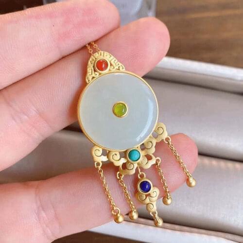 S925 Sterling Silver Vintage Inlaid Natural Hetian Jade White Jade Peace Buckle Jasper Tassel Female Ornament
