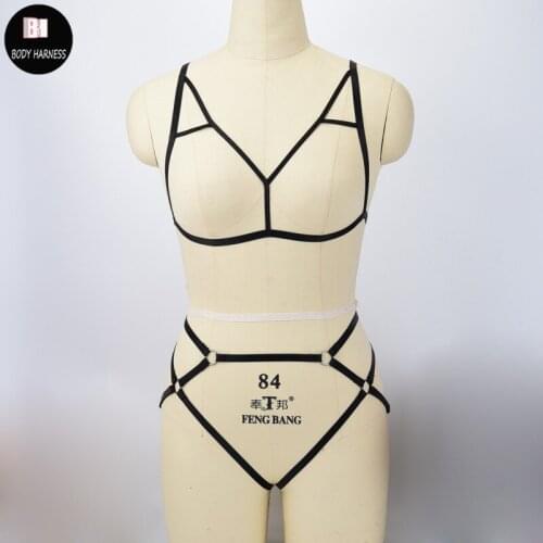 Sexy Adjustable Body Harness Set Black Cage Bra Bottom Panties Fetish Wear Rave Bondage Body Harness Cage Elastic Body suit