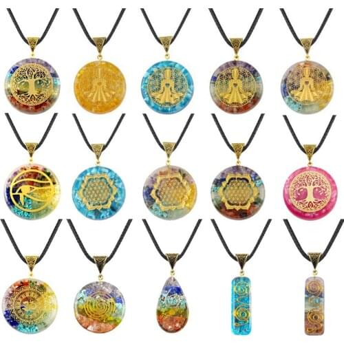 Seven Chakra Crushed Stone Pendant Synthetic Crystal Ogan Energy Stone Yoga Necklace Sweater Chain, Wholesale Bulk