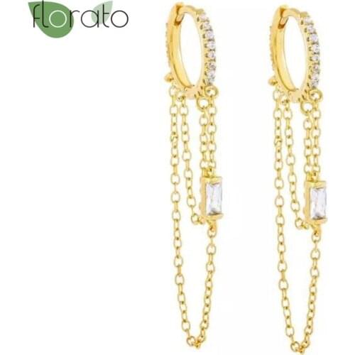 925 Sterling Silver Crystal Hanging Huggies Hoops Earrings for Women Chain Tassel Charming CZ Earrings Girls Females Jewelry