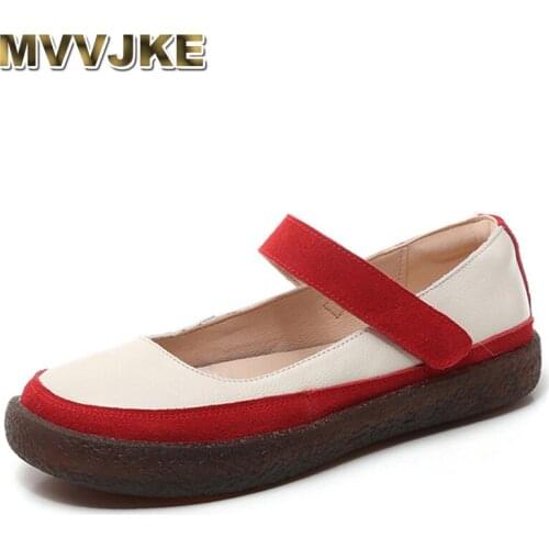 MVVJKE Mixed Colors Genuine Leather Shoes Woman Mary Janes Slip On Ballet Flats Female Shallow Casual Harajuku Shoes Plus Size