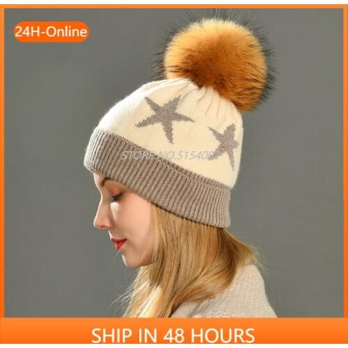 Women Real Fur Hat Big Raccoon Fur Pom Pom Beanies Hat Winter Autumn Knitted Wool Skullies Cashmere Cap Warm Hat