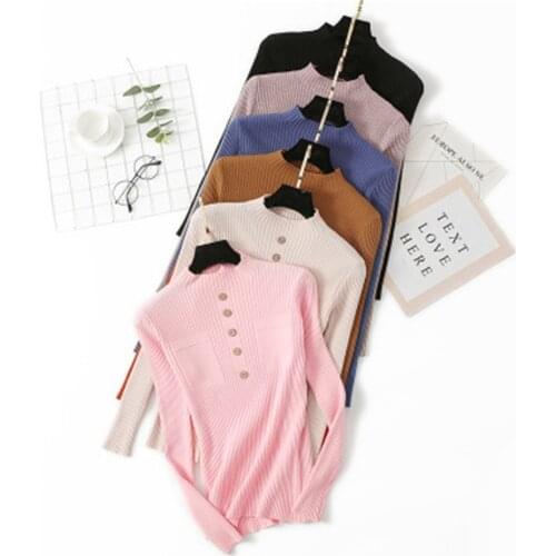 Women Basic Sweater 2019 Autumn Winter Thick Knitted Jumper Button Decorate Long Sleeve Pullovers Top Female Turtleneck PZ2226