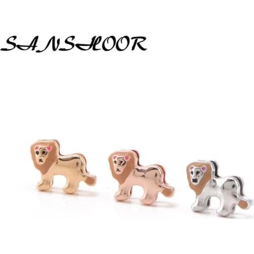 SANSHOOR Enamel Lion Keepering Animal Slide Charms Collection Fit Leather Wrap Mesh Keeper Bracelets Accessories For Women 6 Pcs