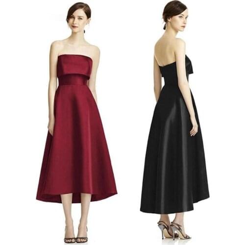 Simple Satin Evening Dresses Strapless-Neck High-Low Sleeveless Girl A-Line Slim was Thin Short Prom Dress Hot Sale Zipper