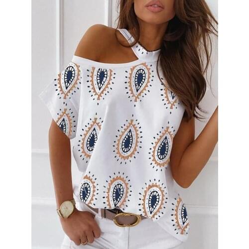 2020 Women Summer Fashion Paisley Print Cold Shoulder Casual T-shirt