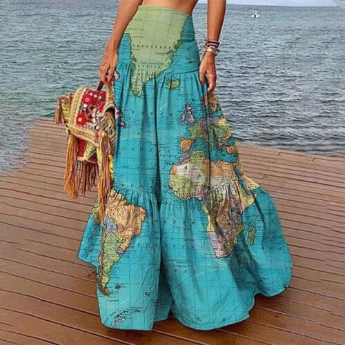 2021 Summer High Waist Skirt World Map Print Long Skirt for Women