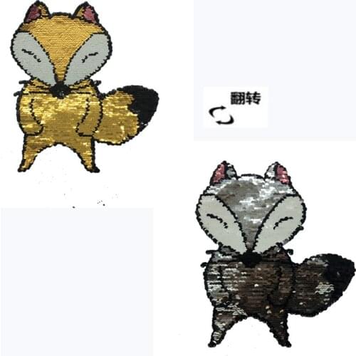 Clothing Accessories Cartoon Fox Sequins EMB Applique Sew On Patch DIY Embroidered Bling Cartoon Fox double-faced Reversible