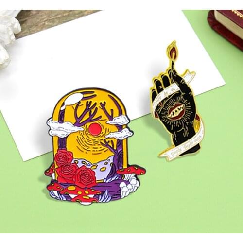 Punk Devil Hand Magic Forest Enamel Pins Banner'just be a simple bright man'Red rose Hand Brooches Dark Black Badge Jewelry