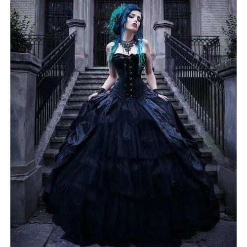 Retro Black Wedding Dresses 2021 Corset Gothic Formal Ball Gown Lace Up Vintage Bridal Bride Gown vestido de novia robe mariage