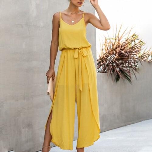 V-Neck Suspenders Wide Leg Womens Jumpsuit 2021 Summer Elastic Belt High Waist Irregular Jumpsuits For Women Elegant Clothes