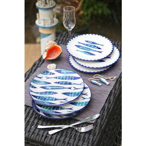 6-Piece Special Design Handmade 21cm Cake Plate Set - Blue Fısh Hand Painted Great Quality Made in Turkey Gift Idea