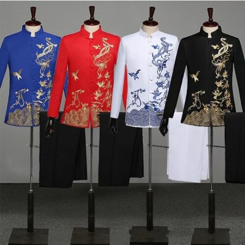 Chinese Style Embroidered Suit Male Stage Costume Traditional Chinese Tunic Suit Stand Collar Host Chorus Formal Zhong Shan Suit