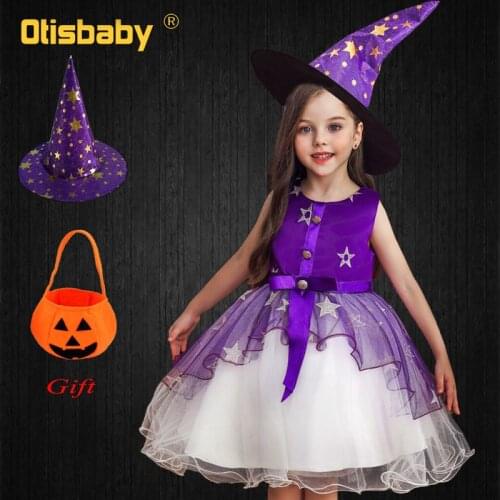 Halloween Witch Costume Girls Witch Dress Up Hat Ruffle Tulle Tutu Dress Christmas Kids Evening Party Star Embroidery Dresses