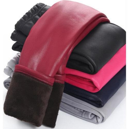 2020 Baby Girls Leggings Winter Kids Thick Velvet Leggings Pencil Pants Children Warm Trousers Faux PU Leather Legging Slim Pant