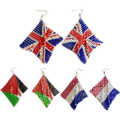 Palestine Britain France Flag Football European Cup Exaggerated Nightclub Style Statement Ethnic Dangle Aluminum Mesh Earrings