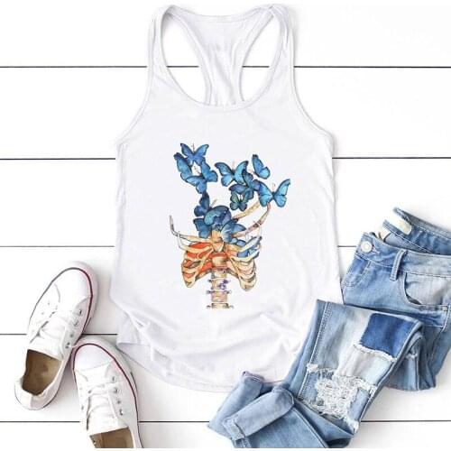 New Summer Blue Butterfly Skeleton Graphic Printed Sleeveless Round Neck Hot Sale Tank Top Casual Women 2021 Teens Loose Mujer