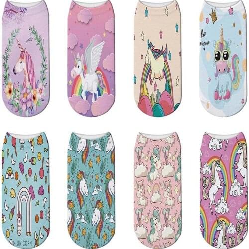 Fashion Unicorn Cute Cartoon 3D Socks Women Cotton Sock Printed Unisex Kawaii Animal Low Cut Ankle Short Socks