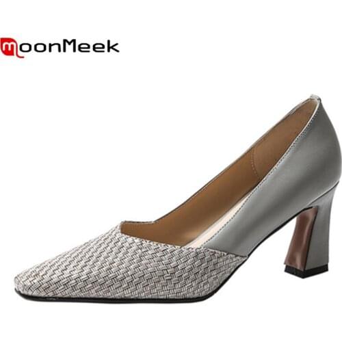 MoonMeek Summer Genuine Leather Women Pumps Party Wedding Shoes Thick Heels Square Toe Ladies High Heels Shoes Gray