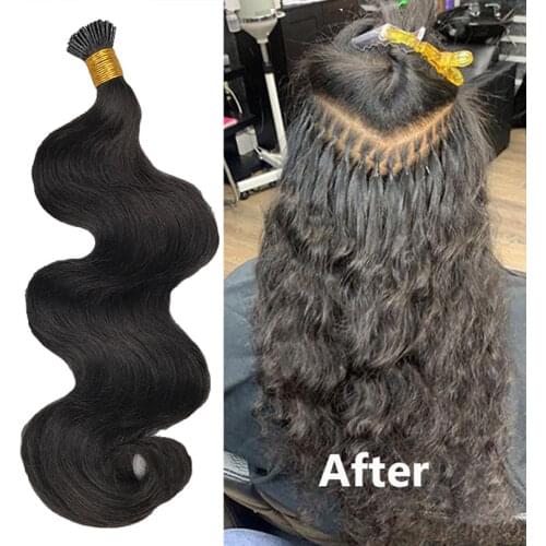 Brazilian Body Wave I Tip Hair Extensions 100 Strands Remy Bundle Weaves Extension Set For Women Human Hair