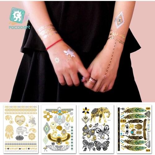 ROCOOART Indian Style Metallic Waterproof Temporary Tattoos Gold Silver Bracelet Anklet Women Taty Design Fake Make up Sticker