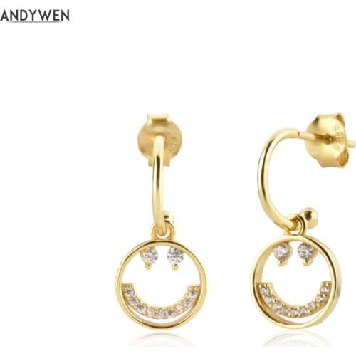 ANDYWEN 925 Sterling Silver Gold 8.5mm SMILEY FACE EARRING Piercing Pendiente Clips 2021 Wedding Jewelry Round Loops Jewels