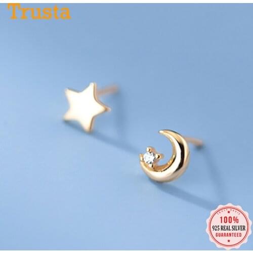 TrustDavis Real 925 Sterling Silver Fashion Asymmetric Star Moon CZ Stud Earrings for Wedding Birthday Present Jewelry DB342