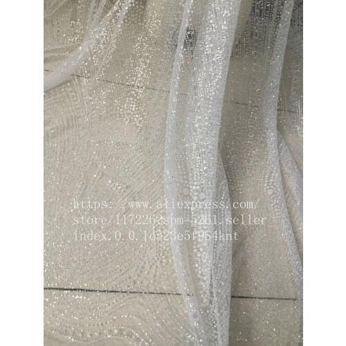 Modern design french net lace fabric glued glitter white african Tulle lace JRB-56734 for nice dress in white color