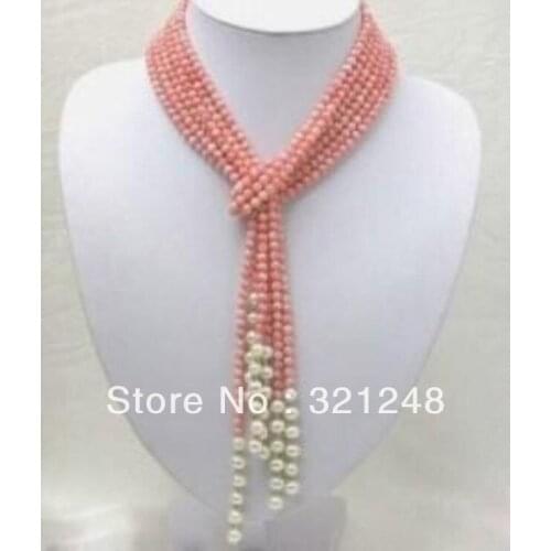 Charms 50inch pink artificial coral 4mm round beads necklace with natural freshwater pearl spacer jewelry 50inch/strand GE4519
