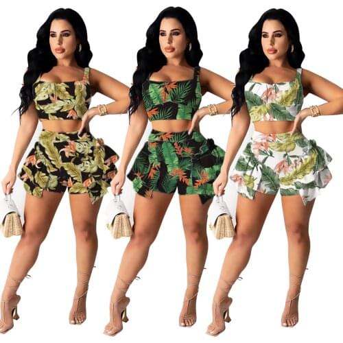 Bohemian Style Printed Short Sleeve Vest Sexy Crop Top & Bodycon Ruffle Shorts Two Piece Sets Summer Fashion Casual Suits