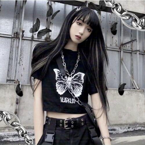 E-girl Butterfly Graphic Letter Print Stitch vintage Crop Tops Y2K Summer Grunge Style Short Sleeve T-shirts Harajuku футболки