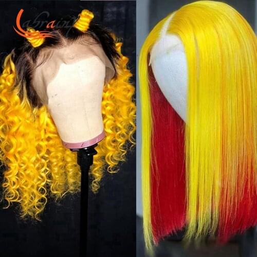 Highlight Yellow Red 13X4 Hd Lace Frontal Kinky Curly Colored Wig Ombre 99J Transparent Lace Human Hair Wigs For Black Women