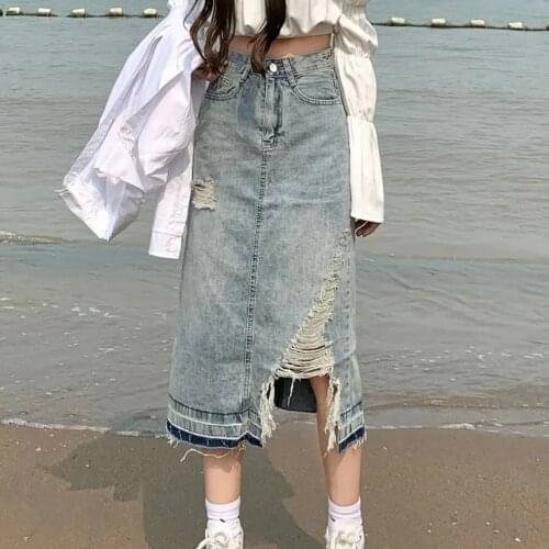 Denim skirt female 2021 summer ripped high waist a-line half skirt trend women clothes Solid Straight Embroidery Natural