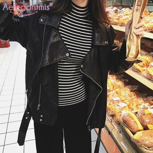 Aelegantmis Loose Faux Leather Jacket Women with Belt Black Pu Leather Biker Jacket Lady Basic Coat Street Casual Outerwear 2021