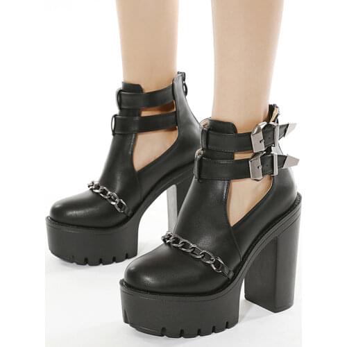 Womens Gothic Platform Ankle Boots Ladies Chain High Heels Woman Hollow Out Pumps New Women Buckle Punk Female Shoes Plus Size
