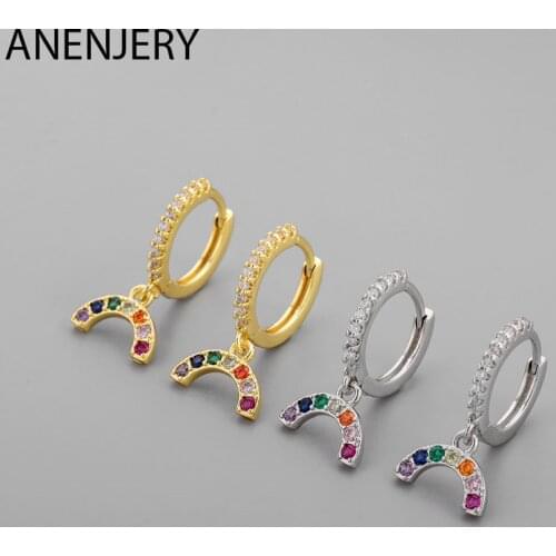 ANENJERY 925 Sterling Silver Colored Zircon Rainbow Pendant Hoop Earrings for Women Dainty Earrings Jewelry Wholesale S-E1407