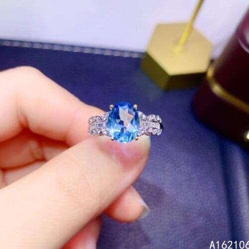 925 Pure Silver Chinese Style Natural Swiss Blue Topaz Womens Luxury Lovely Oval Adjustable Gem Ring Fine Jewelry Support Detec