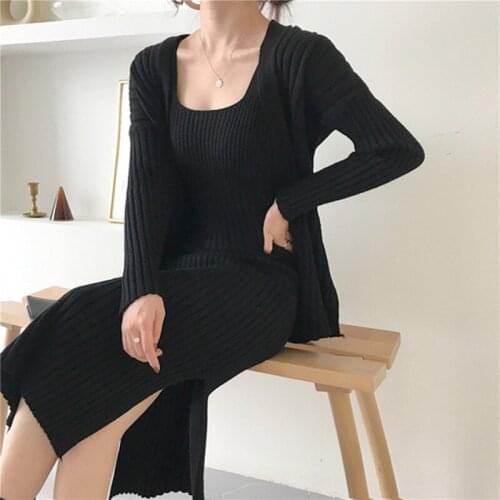 High Quality Women Knit Cardigans Dress 2pcs Sets Single Breasted Long Sleeve Elegant Woman Knit Coats Dresses Suits