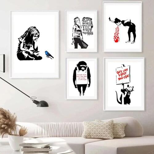 Abstract Black White Banksy Graffiti Art Pictures Canvas Painting Wall Art Posters and Prints Modern Living Room Home Decor