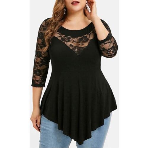 Plus Size Women Black Blouse Solid Floral Lace O-Neck Asymmetric Three Quarter Tops Blouse Casual Womens Tops And Blouses 2021