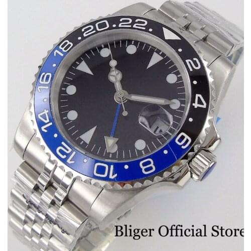 BLIGER 40mm GMT Men Watch Selfwinding Wristwatch Date Magnifier Jubilee Bracelet Solid Back Sapphire Crystal