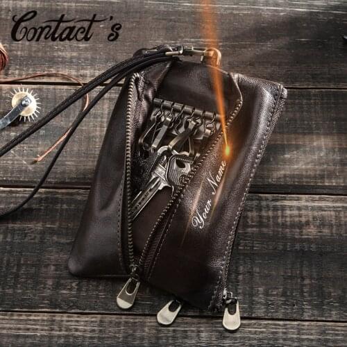 Contacts Genuine Leather Men Key Wallet Strap Coin Purse Zipper Key Holder ID Card Pocket Multi-function Car Key Chain Unisex